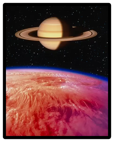Artwork of Saturn seen from its moon Titan
