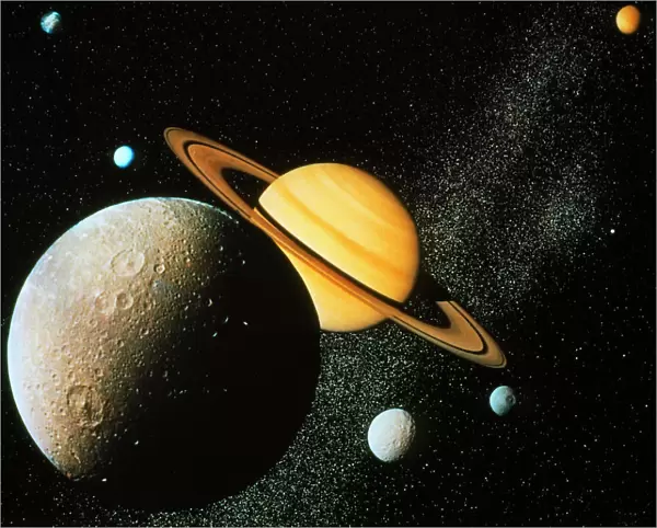 Voyager I composite of Saturn & six of its moons