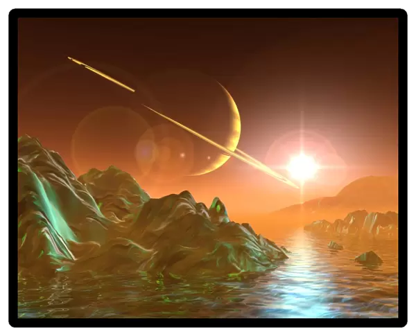 Computer artwork of Titans surface and Saturn