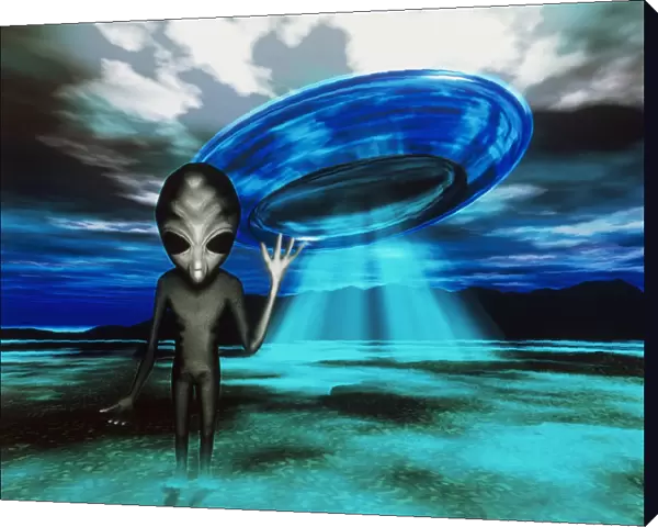 Computer artwork of an alien and a UFO