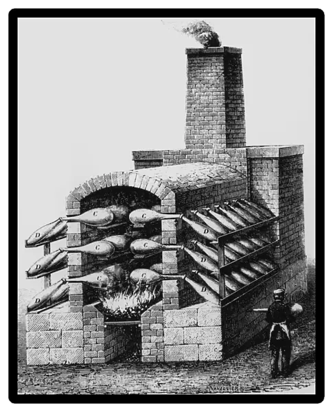 Engraving of early kiln for making sulphuric acid