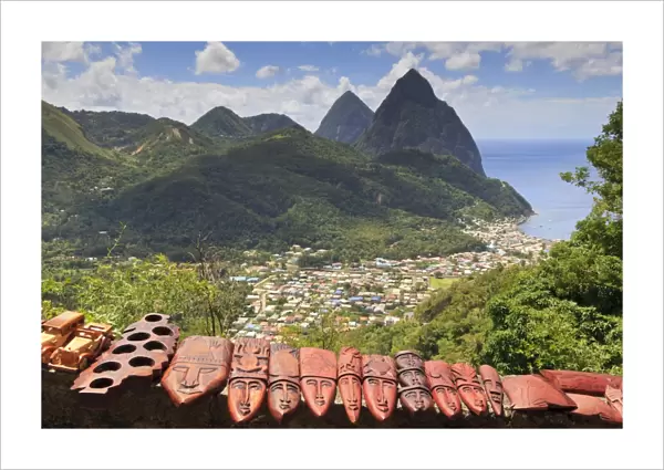 Souvenir stall with view of the Pitons and Soufriere, St. Lucia, Windward Islands, West Indies, Caribbean