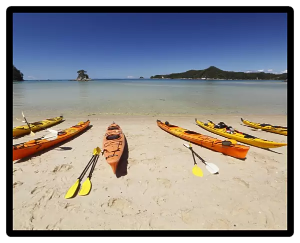 Kayaks on beach, Torrent Bay, Abel Tasman National Park, Nelson region, South Island, New Zealand, Pacific