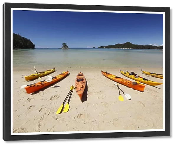 Kayaks on beach, Torrent Bay, Abel Tasman National Park, Nelson region, South Island, New Zealand, Pacific