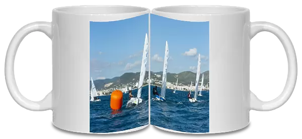 Sailboats participating in Regatta and buoy, Ibiza, Balearic Islands, Spain, Mediterranean, Europe