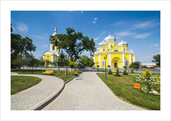 Park before the Russian Orthodox Church building in the center of Comrat capitol of republic of Gagauzia, Moldova