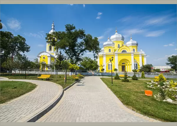 Park before the Russian Orthodox Church building in the center of Comrat capitol of republic of Gagauzia, Moldova