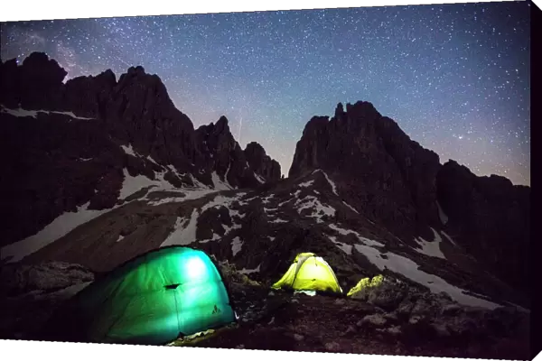 Camping under the stars at the foot of the Cadini di Misurina in the Dolomites, South Tyrol, Italy, Europe