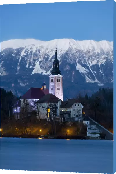 The Assumption of Mary Pilgrimage Church on Lake Bled at Dusk, Bled, Slovenia, Europe