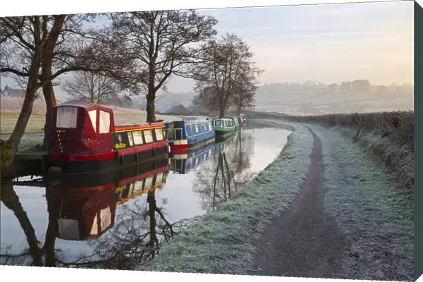 Barges on Monmouthshire and Brecon Canal in frost, Pencelli, Brecon Beacons National Park