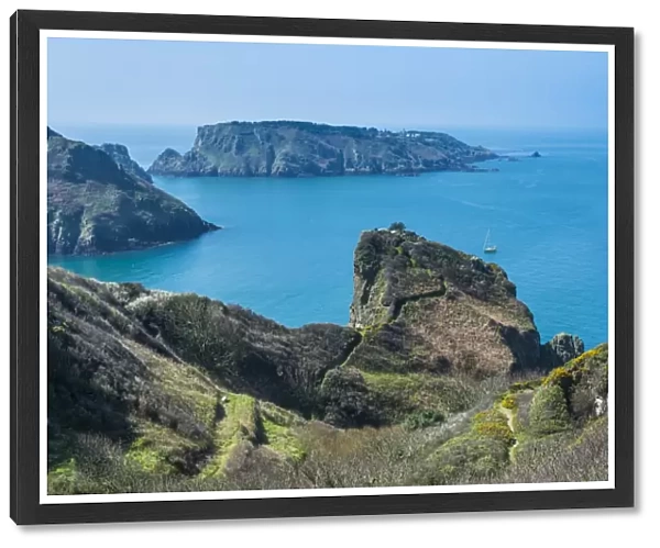 View over the east coast of Sark and the island Brecqhou, Channel Islands, United Kingdom
