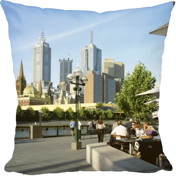 Open air cafe, and city skyline, South Bank Promenade, Melbourne, Victoria