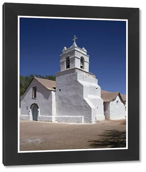 White church at San Pedro Oasis in the Atacama Desert, Chile, South America