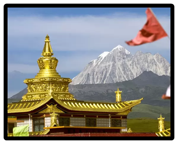 Snow mountain and Buddhist temple, Tagong Grasslands, Sichuan, China, Asia