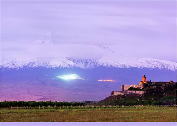 Khor Virap Monastery, and Mount Ararat, 5137m, highest mountain in Turkey photographed in Armenia