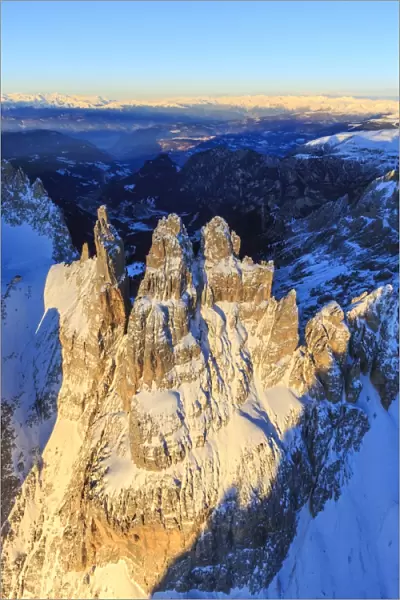 Aerial view of Catinaccio Group and Vajolet Towers at sunset, Sciliar Natural Park