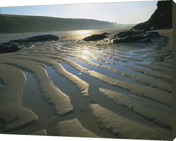 Ripples in sandy beach at dawn, Porthcothan, near Newquay, Cornwall, England, UK, Europe