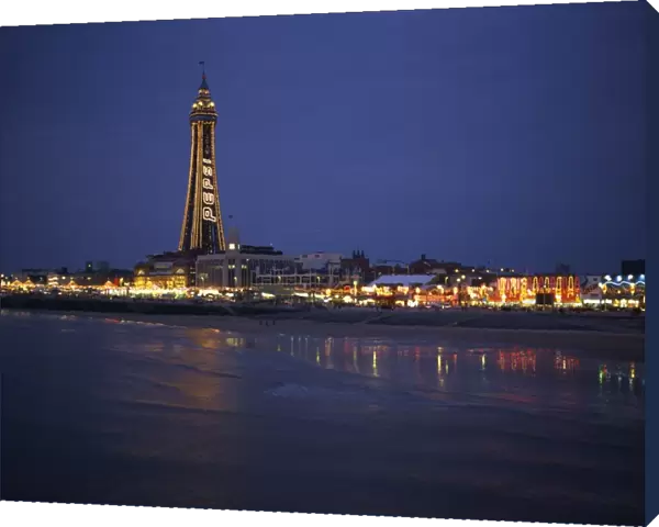 The Blackpool Tower illuminated at dusk, Blackpool, Lancashire, England