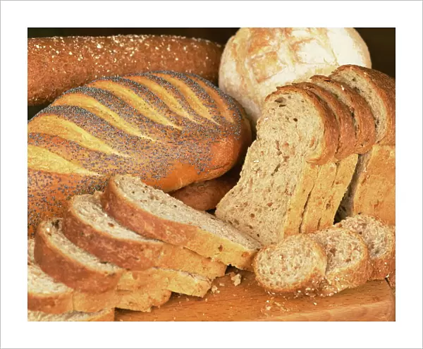 A selection of bread loaves and bread slices