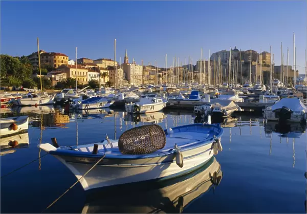 View across harbour to town and citadel, Calvi, Corsica, France, Europe