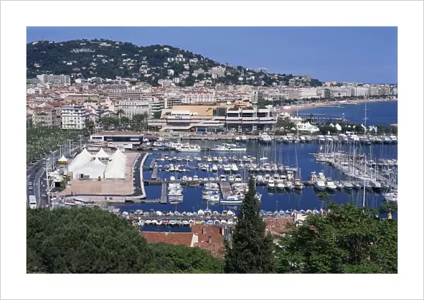 Aerial view over Le Suquet and boats in the harbour, old town, Cannes, Alpes Maritimes