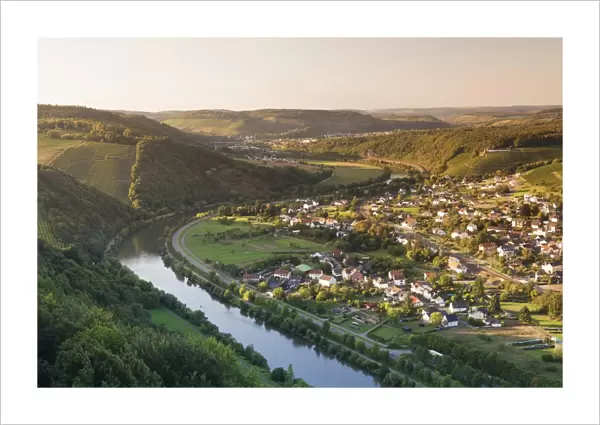 View over the Saar Valley with Saar River near Serrig, Rhineland-Palatinate, Germany