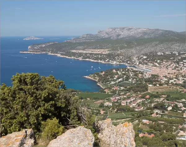 View of the coastline and the historic town of Cassis from a hilltop, Cassis, Cote d Azur