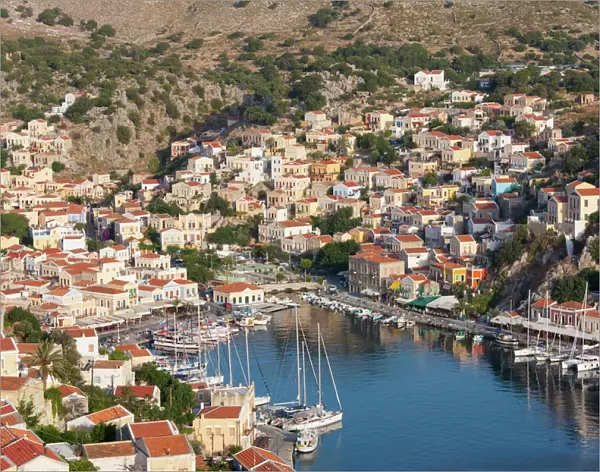 View over the colourful harbour, Gialos (Yialos), Symi (Simi), Rhodes, Dodecanese Islands
