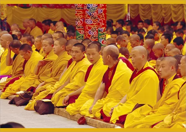Monks sitting together inside Kargyupa gompa (monastery)