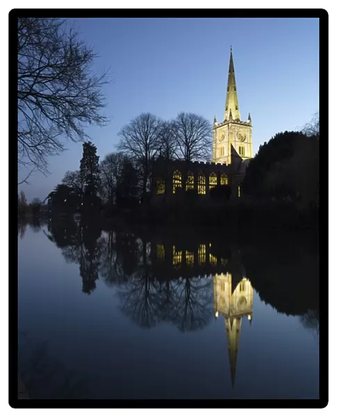 Holy Trinity Church on the River Avon at dusk, Stratford-upon-Avon, Warwickshire