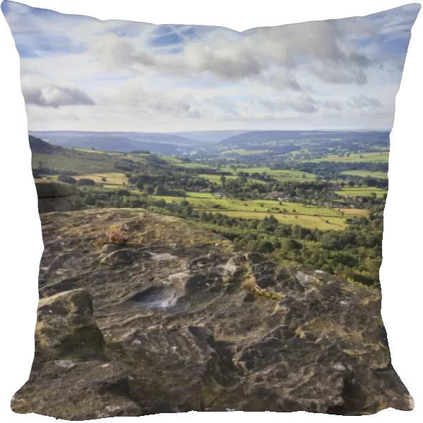 View towards Chatsworth from Curbar Edge, with Calver and Curbar villages, Peak District