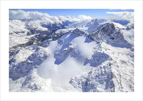 Aerial view of Peak Ferra covered with snow, Spluga Valley, Chiavenna, Valtellina