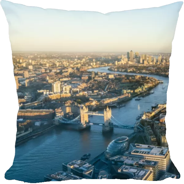 High view of London skyline along the River Thames from Tower Bridge to Canary Wharf
