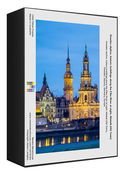Dresden skyline, historic buildings along the Elbe River at night, Altstadt (Old Town)