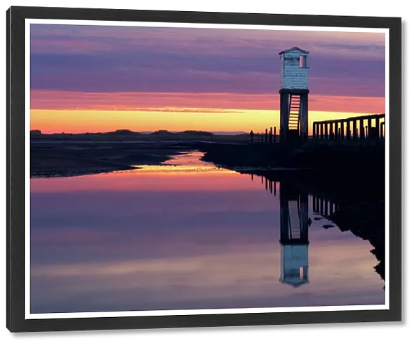 Holy Island Causeway at sunrise, Lindisfarne, Northumberland, England, United Kingdom