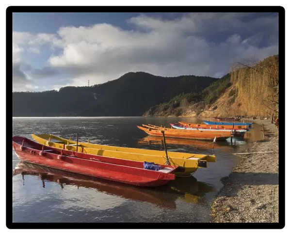 Boats on Lugu Lake, Lige village, Yunnan, China, Asia