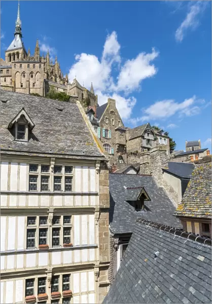 Houses in the village centre with the Abbey above, UNESCO World Heritage Site, Mont-Saint-Michel