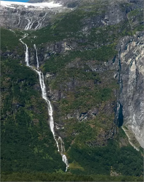 Oldevatnet Lake waterfall, Nordfjord, Norway, Scandinavia, Europe