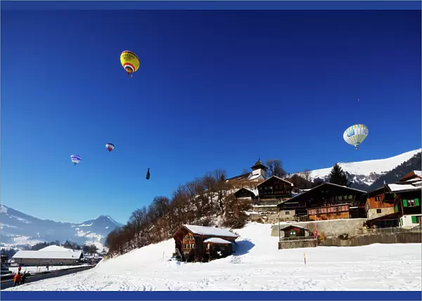 International hot air balloon festival, Chateau-d Oex, Vaud, Swiss Alps, Switzerland