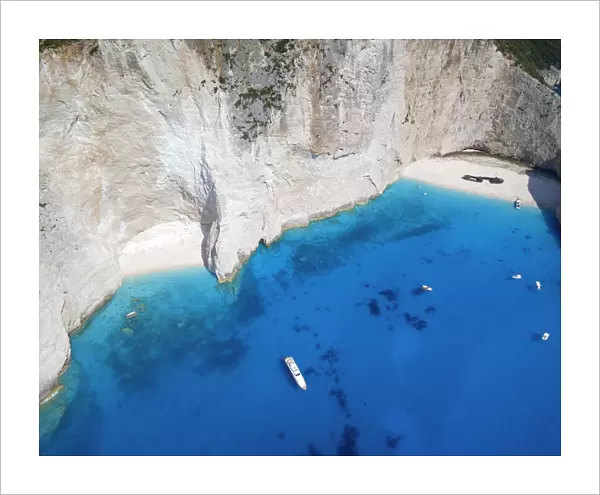 Aerial view of Navagio Beach and shipwreck at Smugglers Cove on the coast of Zakynthos