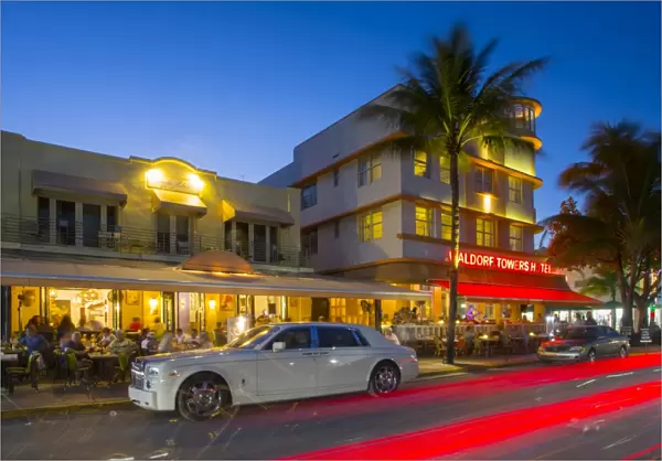 Ocean Drive and Art Deco architecture at dusk, South Beach, Miami Beach, Miami, Florida