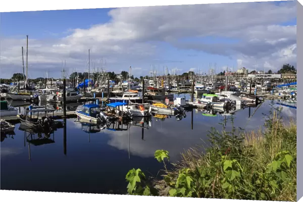 Boat harbour with beautiful reflections and town of Sitka, Baranof Island, Northern Panhandle