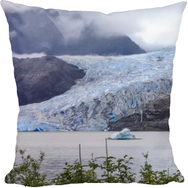 Mendenhall Glacier and Lake, with iceberg, bright blue ice, forest and mist, from Visitor Centre