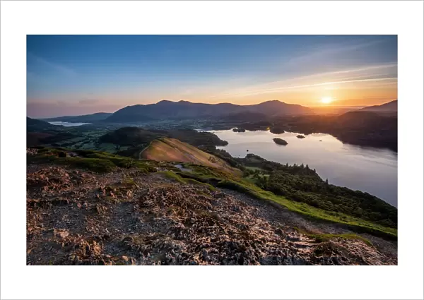 Sunrise over Derwentwater from the summit of Catbells near Keswick, Lake District National Park