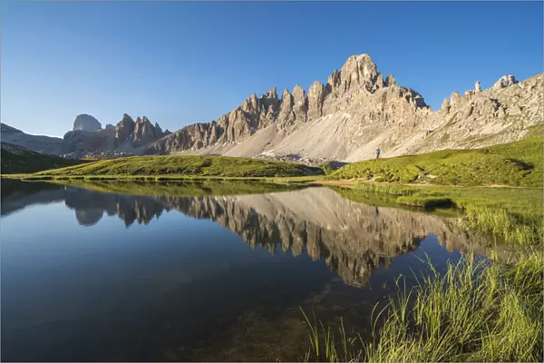 Reflection of Mount Paterno, Croda dei Piani and Croda di Toni on Piani Lakes in summer