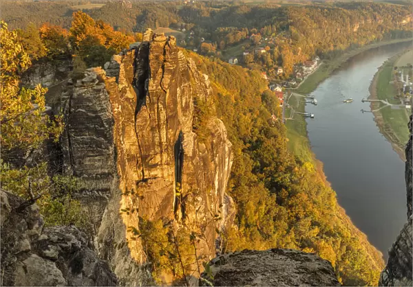 View from Bastei Rock Formation to Elbe River, Rathen, Elbsandstein Mountains, Saxony