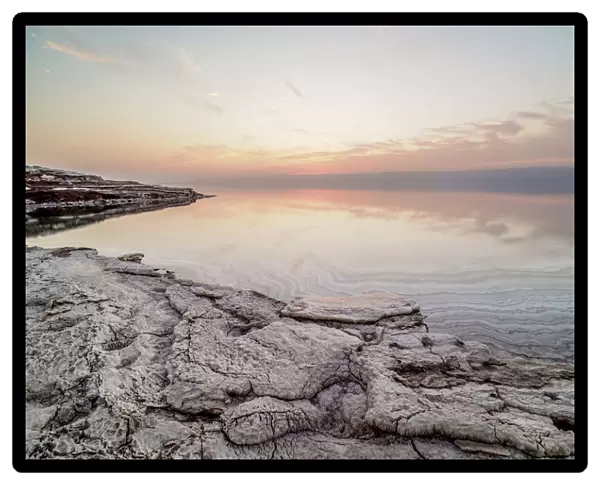 Salt formations on the shore of the Dead Sea at dusk, Karak Governorate, Jordan