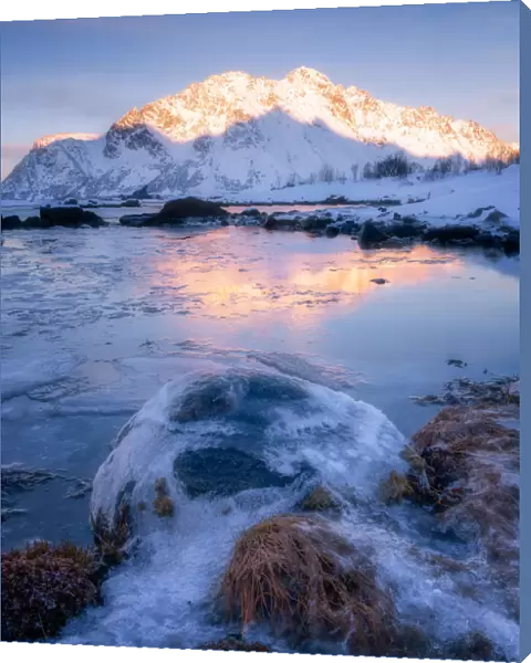 Frozen lake and mountain of the Lofoten Islands, Nordland, Norway, Europe