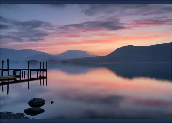 Brandlehow Jetty at dawn, Derwent Water, Lake District National Park, UNESCO World