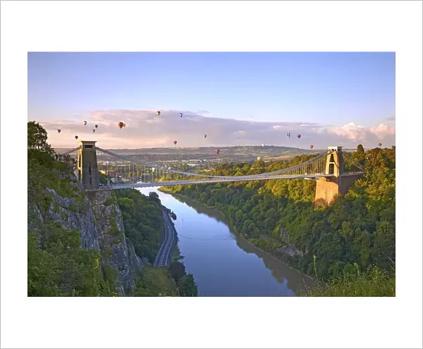 Clifton Suspension Bridge with hot air balloons in the Bristol Balloon Fiesta in August